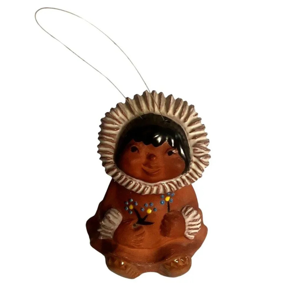 Vintage 1986 Alaska Native American Hand Made Ceramic Clay Seated Baby Ornament